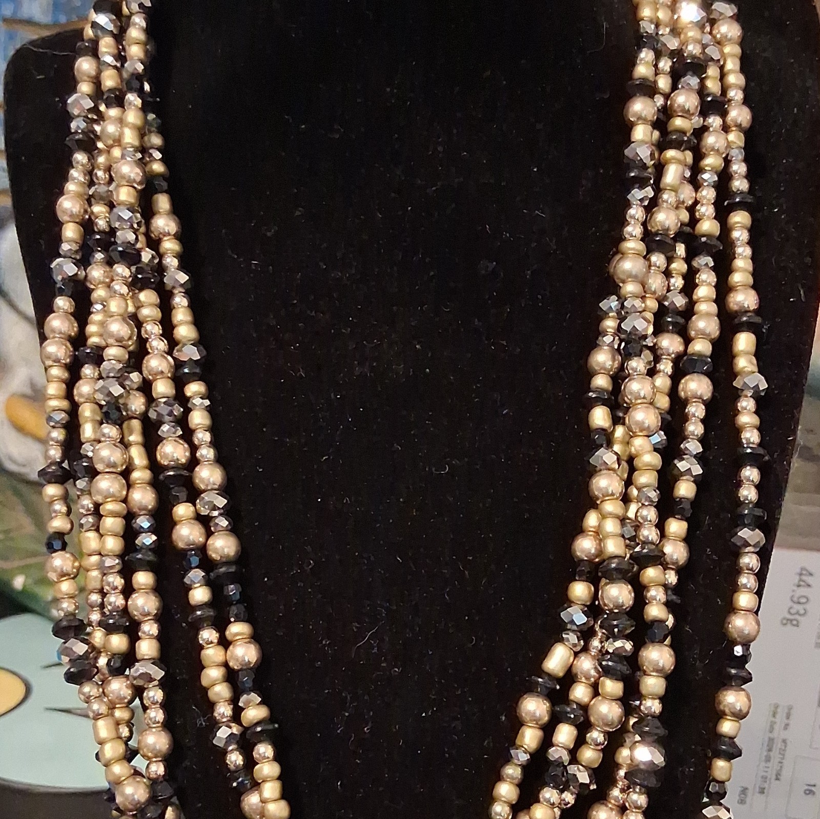 Multi-Strand Layered Gold & Black Beaded Crystal Glass Necklace Lobster Clasp