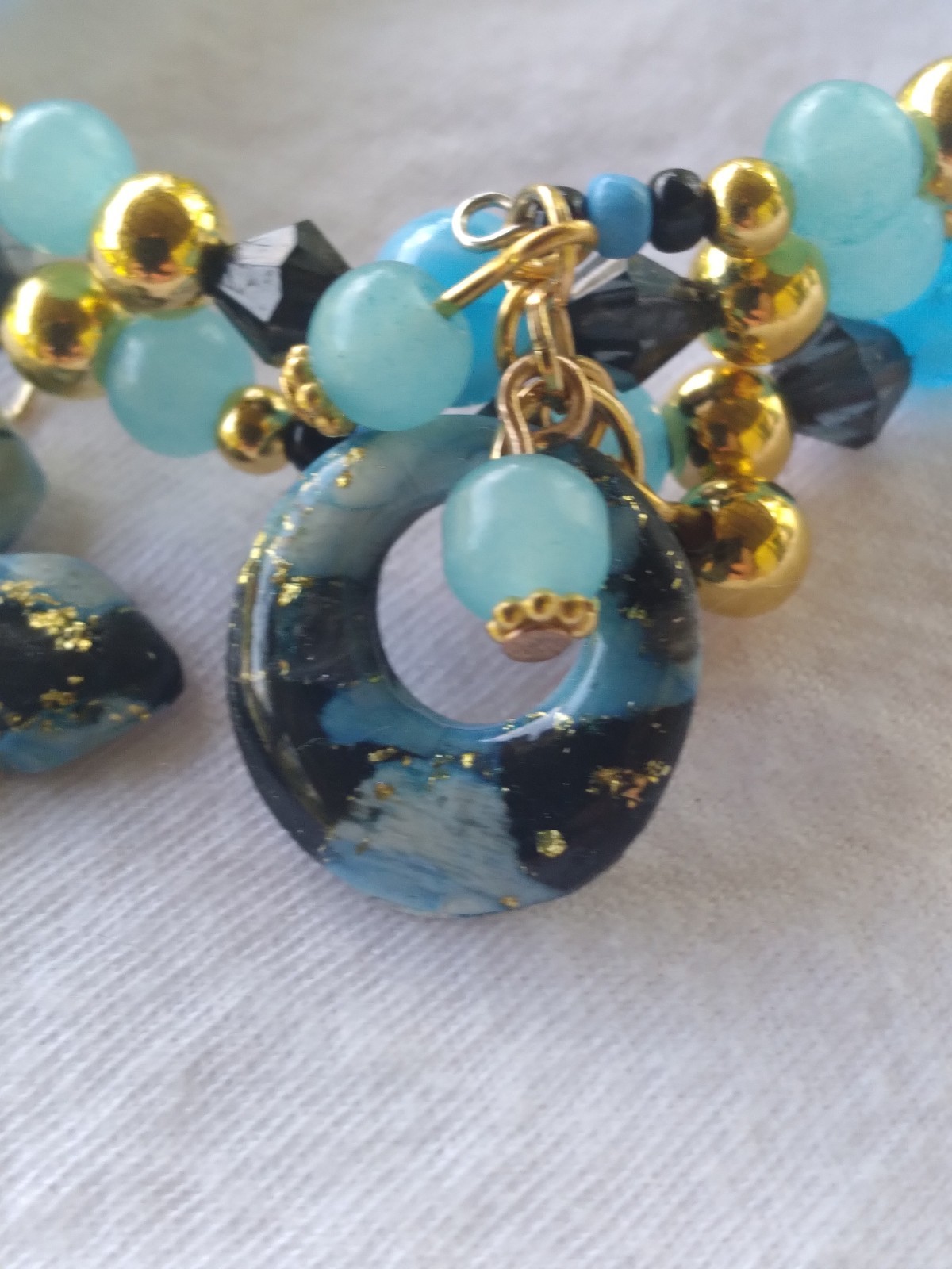Handcrafted Artisan Blue Black Beaded Memory Wire Bracelet Polymer Clay Cross