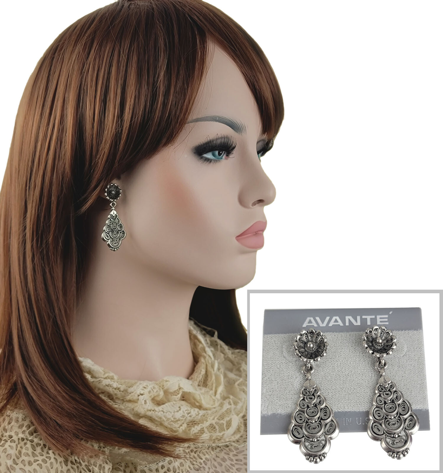 Avante Silver Tone Filigree Textured Dangle Earrings Pierced 2 1/8″ Made in USA