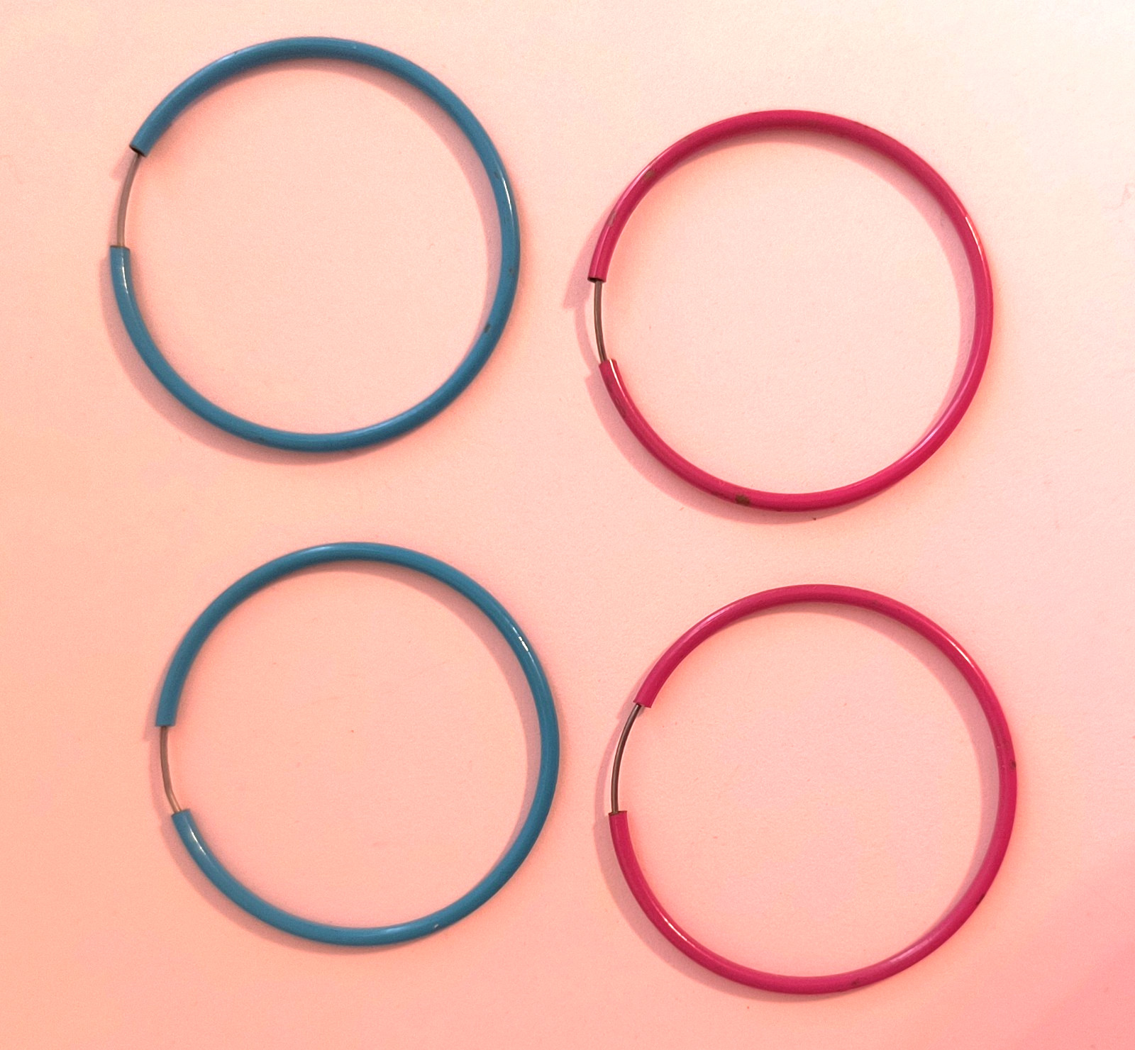 2 Pairs Hoop Metal Earrings for Pierced Ears Aqua Dark Pink 1 3/4 Inches