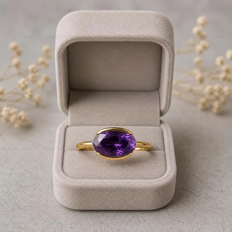 Amethyst Ring, Gold Alloy, Birthday Gift for Her, Women Jewelry Ring