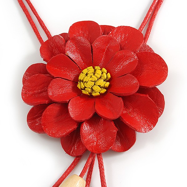 Red Leather Daisy Pendant with Long Cotton Cord – 80cm L/ 18cm L Pendant –
