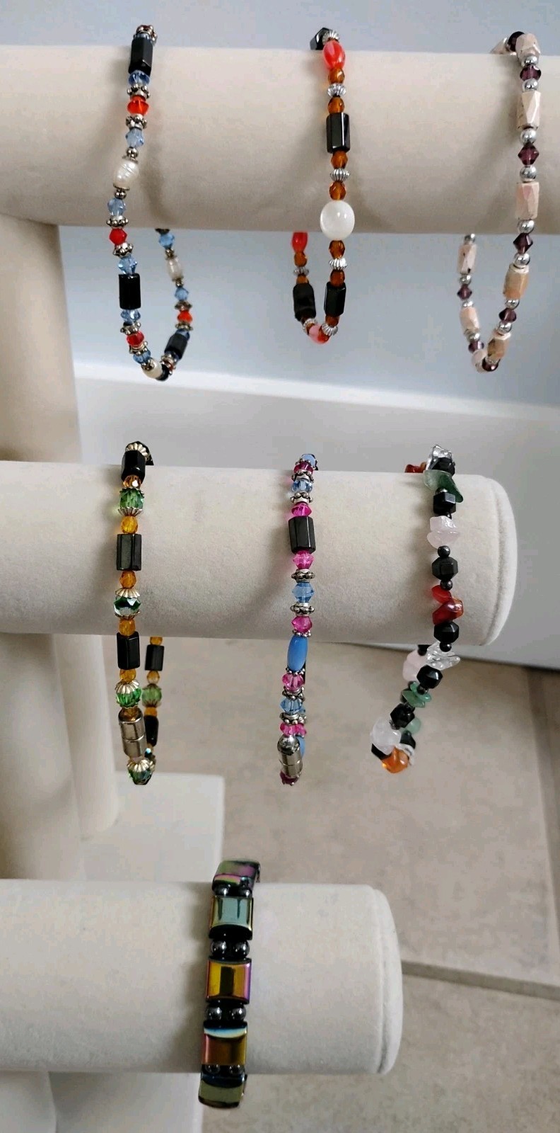 Lot Of 7 Hematite Stone Glass Plastic Beaded Stretch Vintage Bracelets Closures