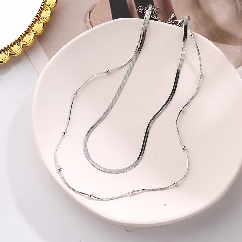 Woman 18K Gold Plated Stainless Steel 2 Layers Beaded Snake Chains Necklaces