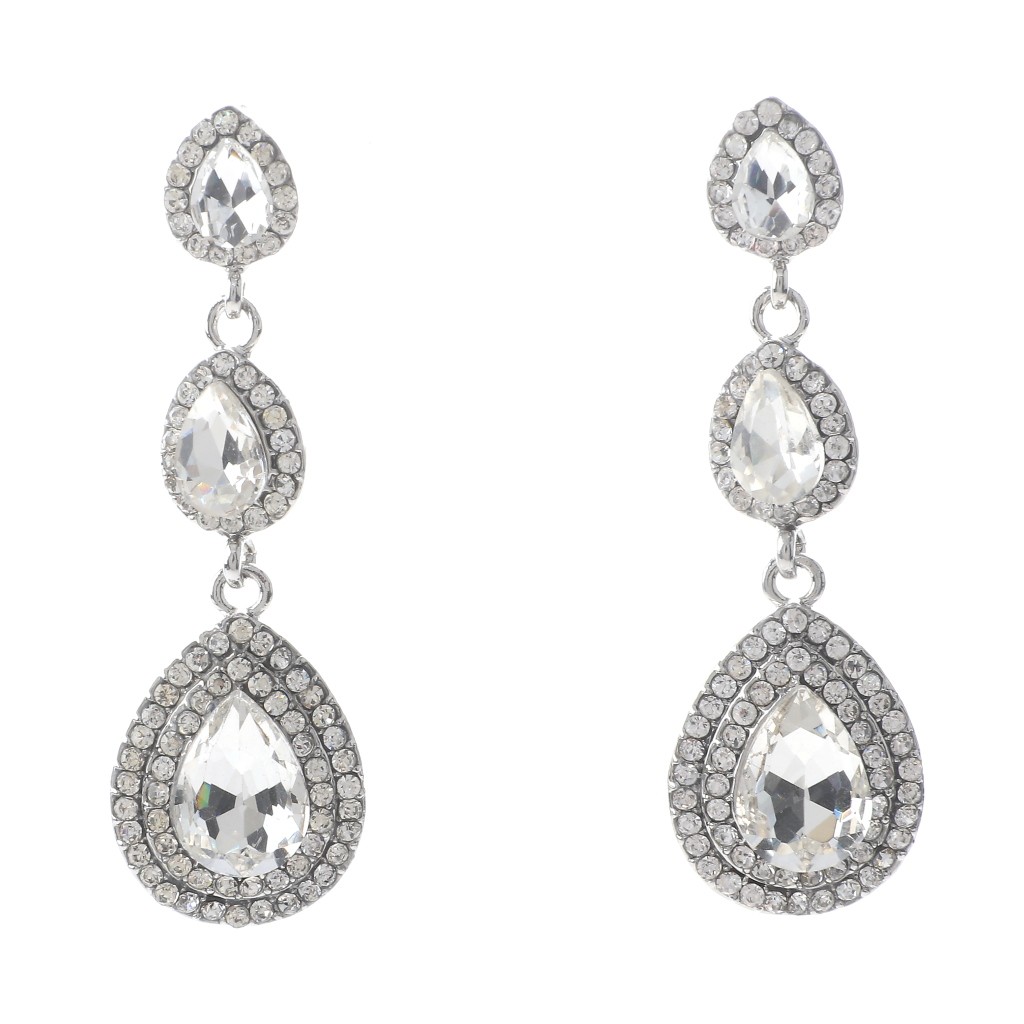 Silver Tone Alloy Metal Crystal Rhinestone Drop Post Earrings ER2618-SCL
