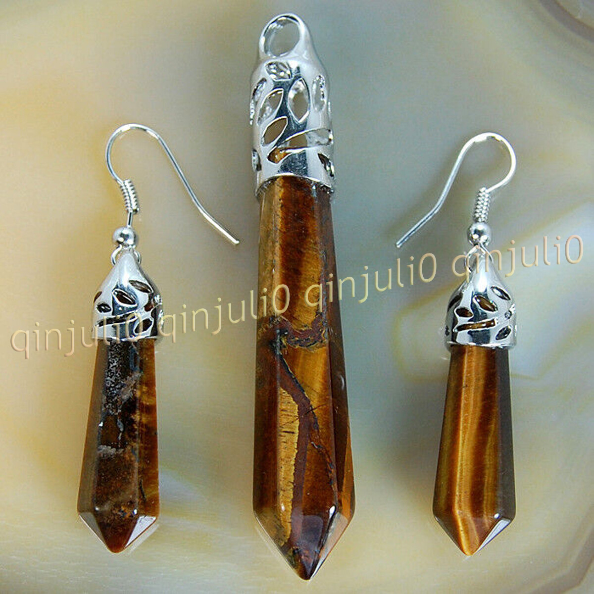 1 Set Natural Gemstones Hexagonal Pointed Reiki Chakra Pendant Earrings Jewelry