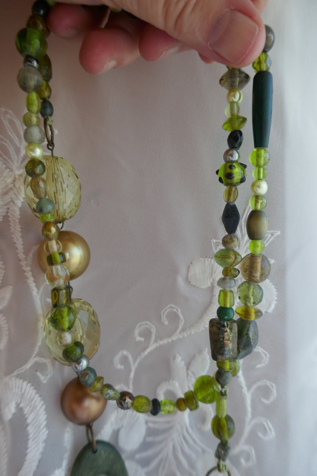 40″ Long Necklace Green Copper Gold Large Abstract Shapes Acrylic & Glass Beads