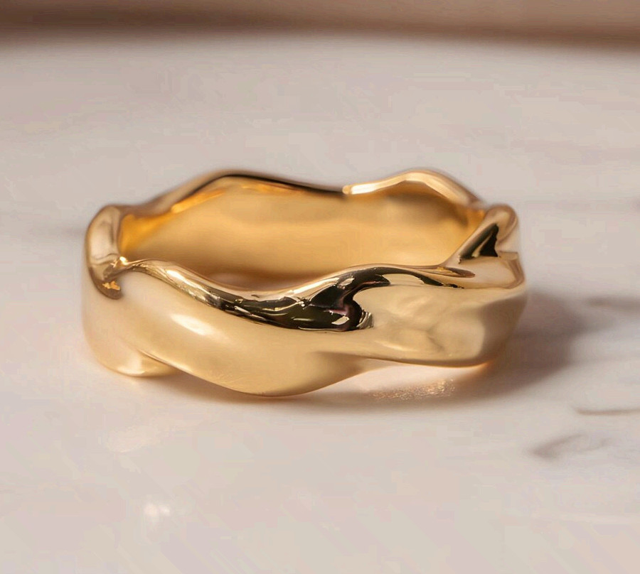 Gold Surgical Steel Wave Ring Minimalist Textured Liquid Band