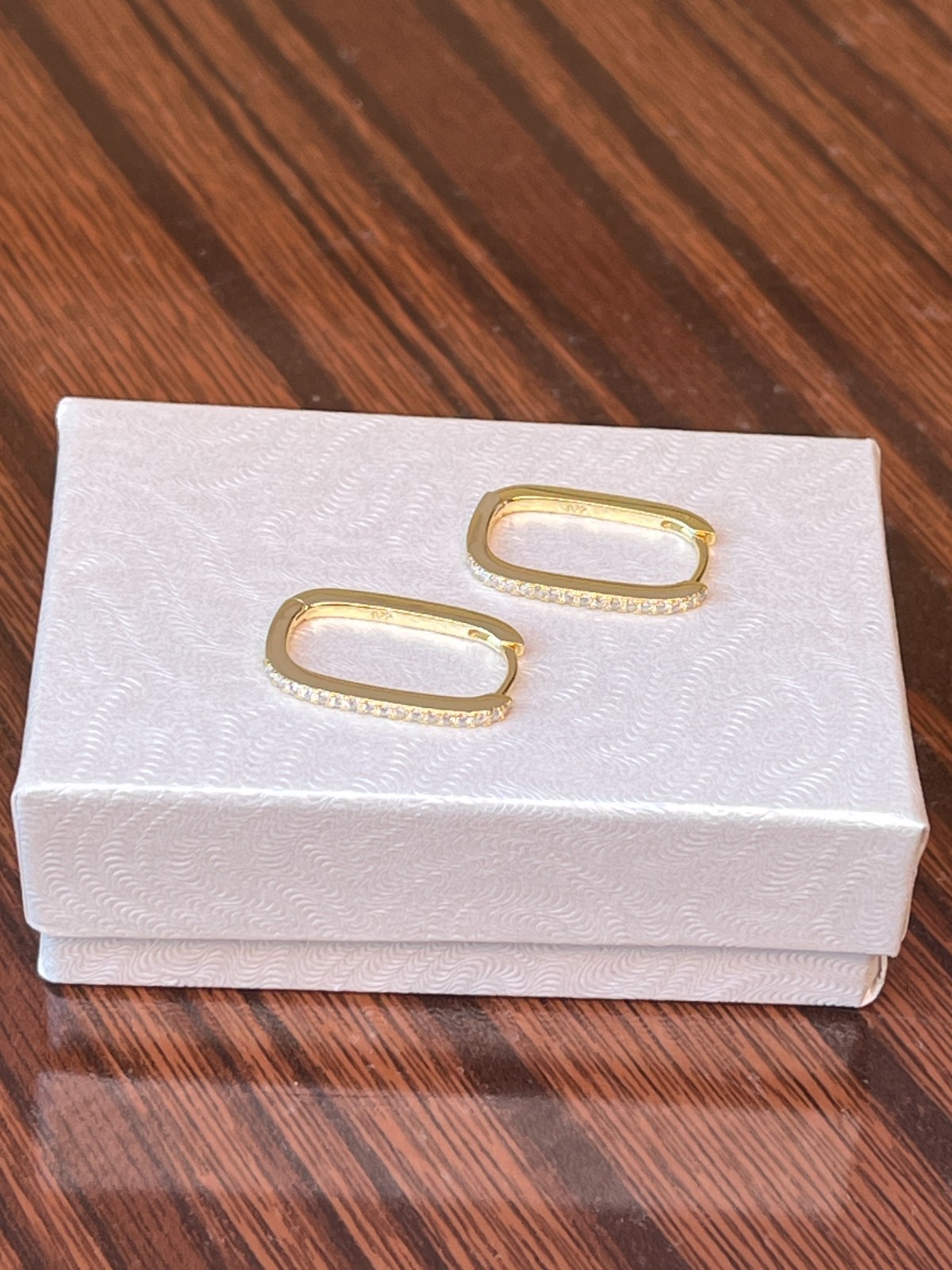 925 Sterling Silver CZ Gold Rectangle U Hoop Earrings Men Women 19mm/17mm x1.4mm