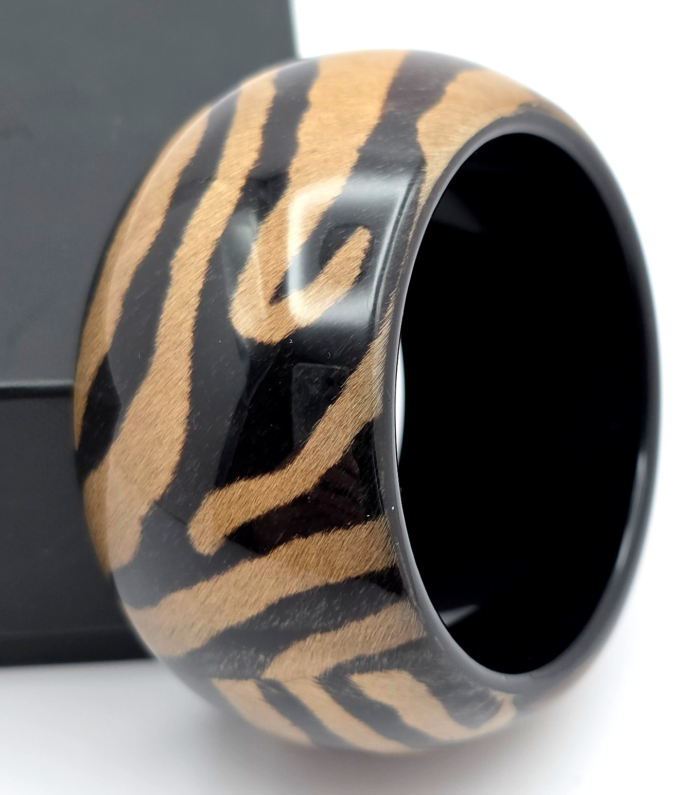 Zebra Print Calf Hair Lucite Wide Cuff Bangle Bracelet Brown Black Chunky Bold