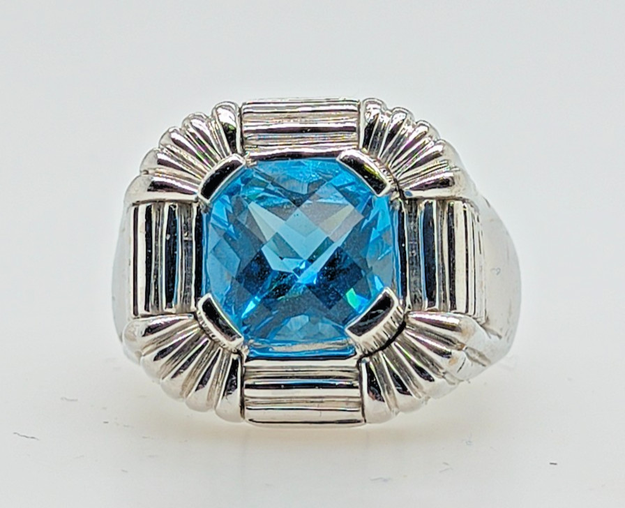 Sterling Silver Blue Topaz Art Deco Ring for Men Size 10