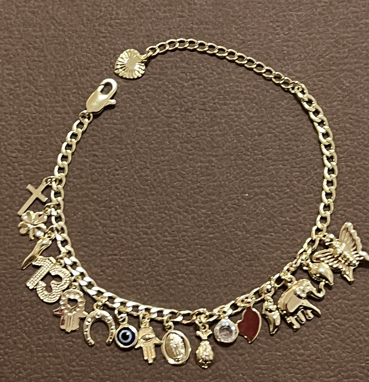 Lucky Charm Bracelet 7” Adjustable, Gold Filled Italian Horn,Butterfly,Elephant