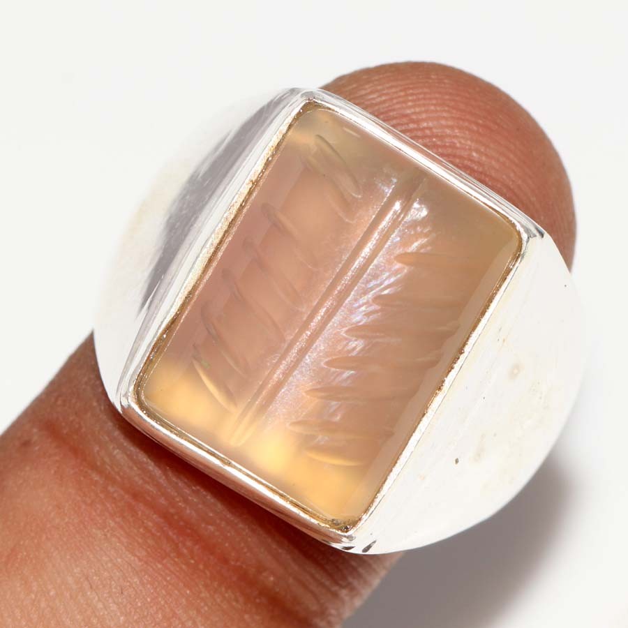 Man’S Carved Aqua Chalcedony Fine Finish 925 Silver Plated Ring US 8.5 Trendy JW