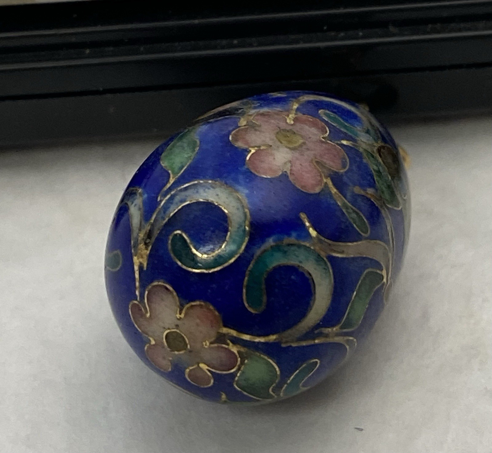 Pendant Cloisonne Egg Shape Blue w/ Butterfly Gold Color Bail 1 1/4″
