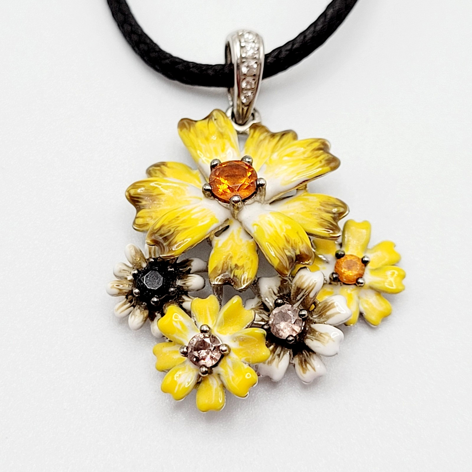 Yellow Flower Floral Bouquet Cluster 925 Pendant Black Cord Necklace 19 Inch