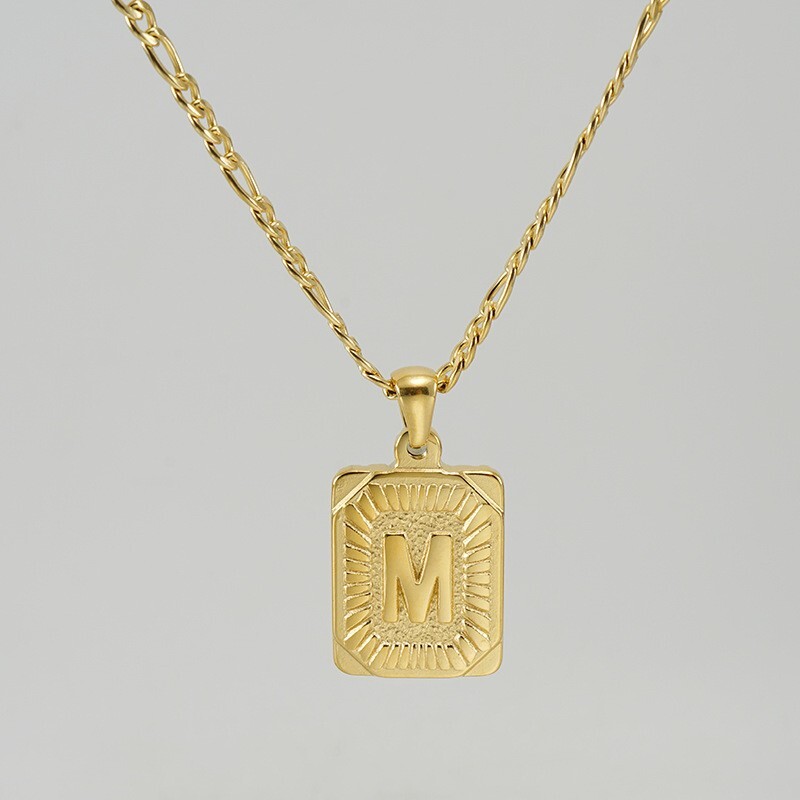 18″ Gold Plated Initial Letter Pendant Necklace Stainless Steel Figaro Chain