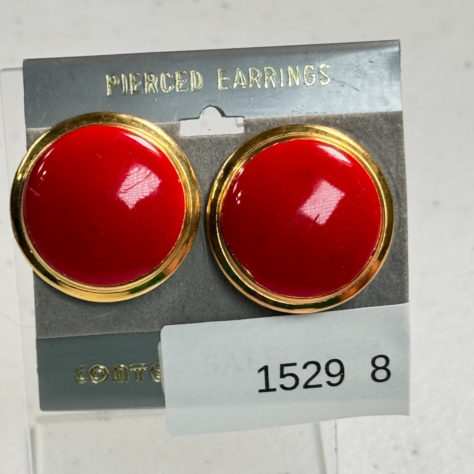 Vintage Pierced Earrings Red Enamel Dome Gold Tone 80s Statement Studs