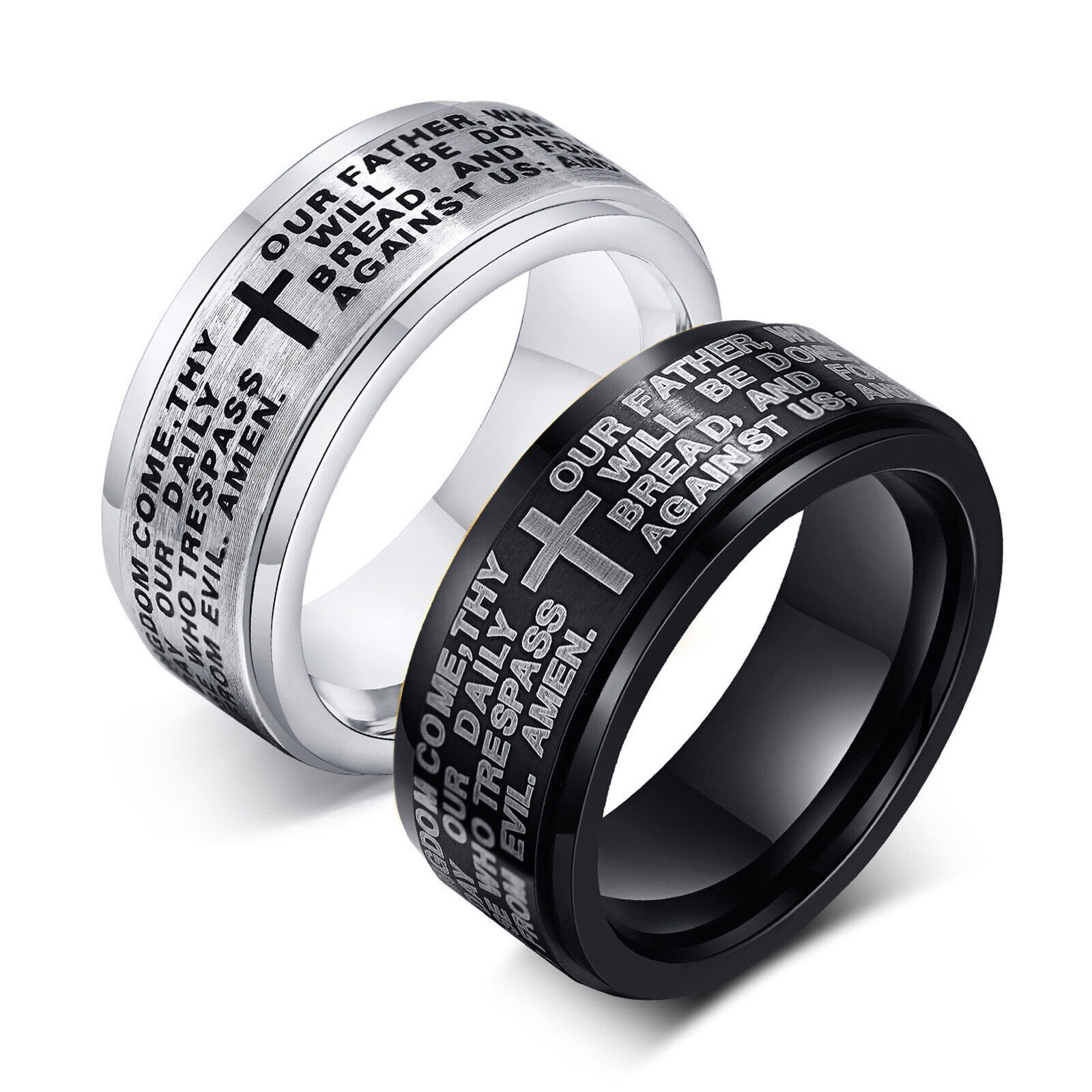 2pcs Men’s Womens The Lord’s Prayer Cross Ring Christian Bible Verse Amulet Band