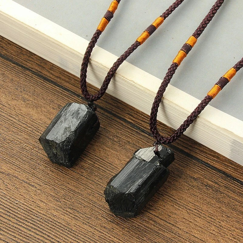 Raw Black Tourmaline Pendant Black Stone Protection Necklace Women Men Jewelry