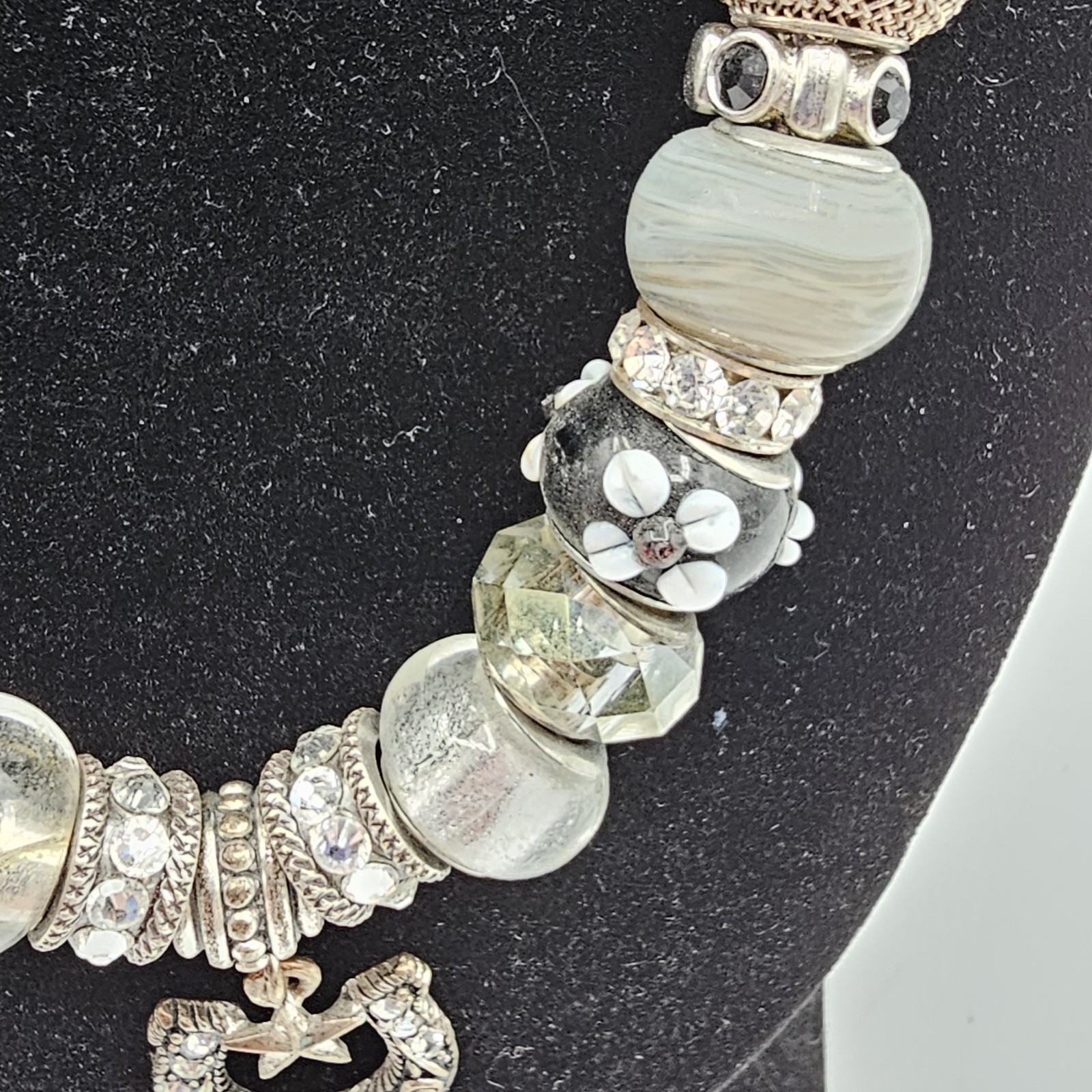 Silver Tone Snake Chain Necklace Mixed Beads Crescent Charm Boho Statement