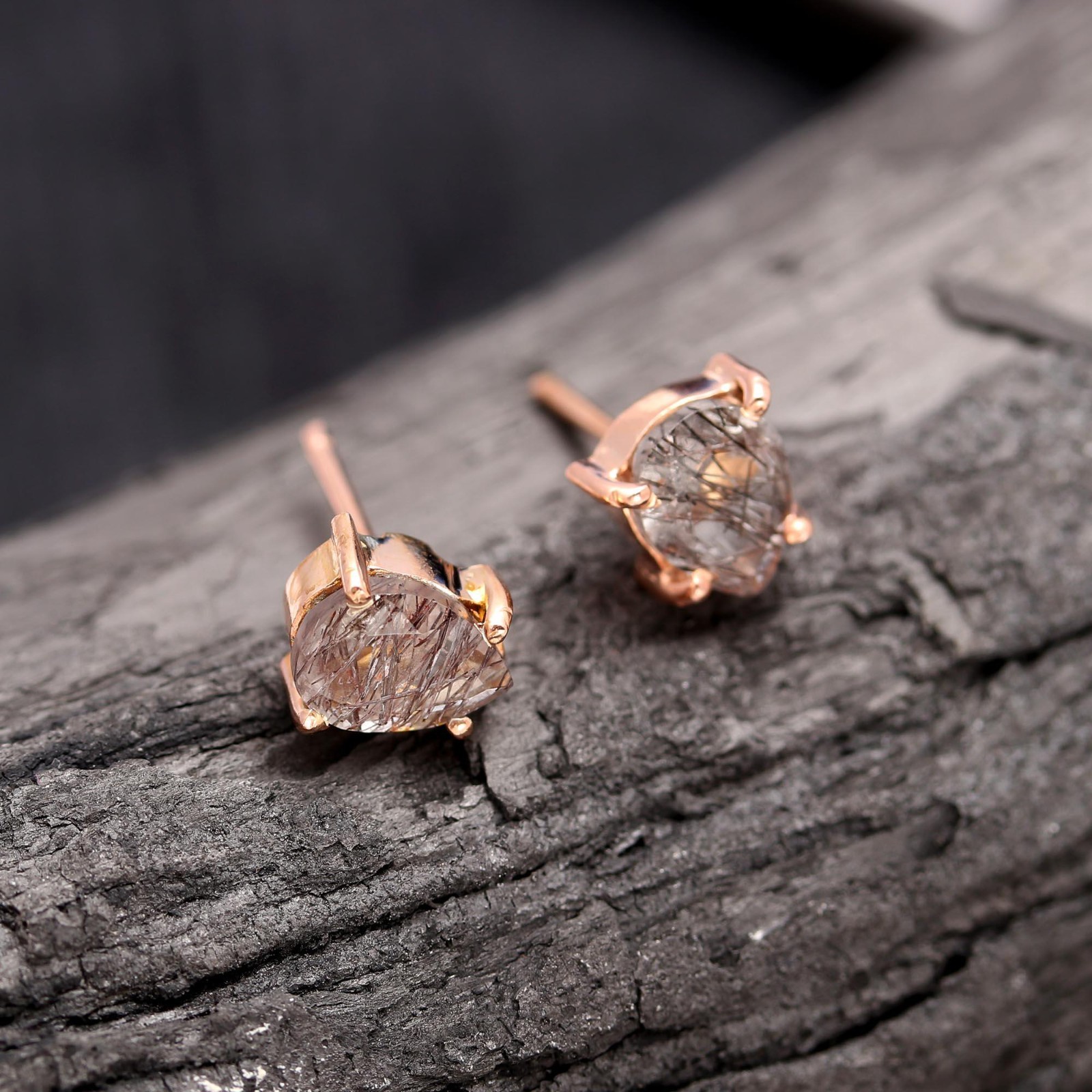 Natural Black Rutile Pear Stud Earrings Rose Gold Plated Solid Silver Jewelry
