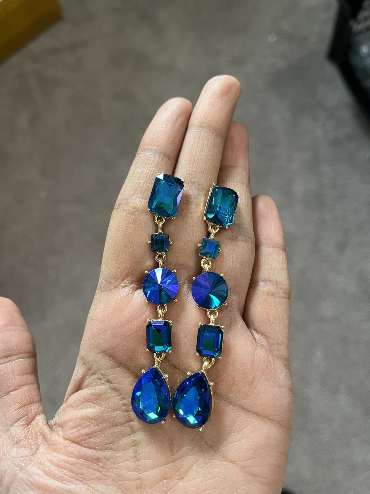 Blue Ab Earrings Green Blue Long Royal Drop Dangle Rhinestone Crystal Pageant