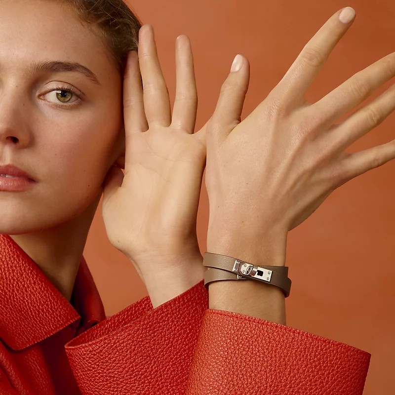 Hermes Mini Kelly Double Tour Leather Bracelet Palladium Plated Lock T3 Box