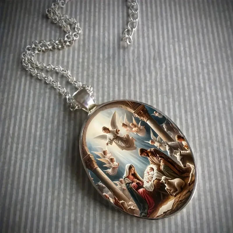 1pc Elegant Nativity Necklace Gift] 1pc Stylish Elegant Nativity Pattern Oval