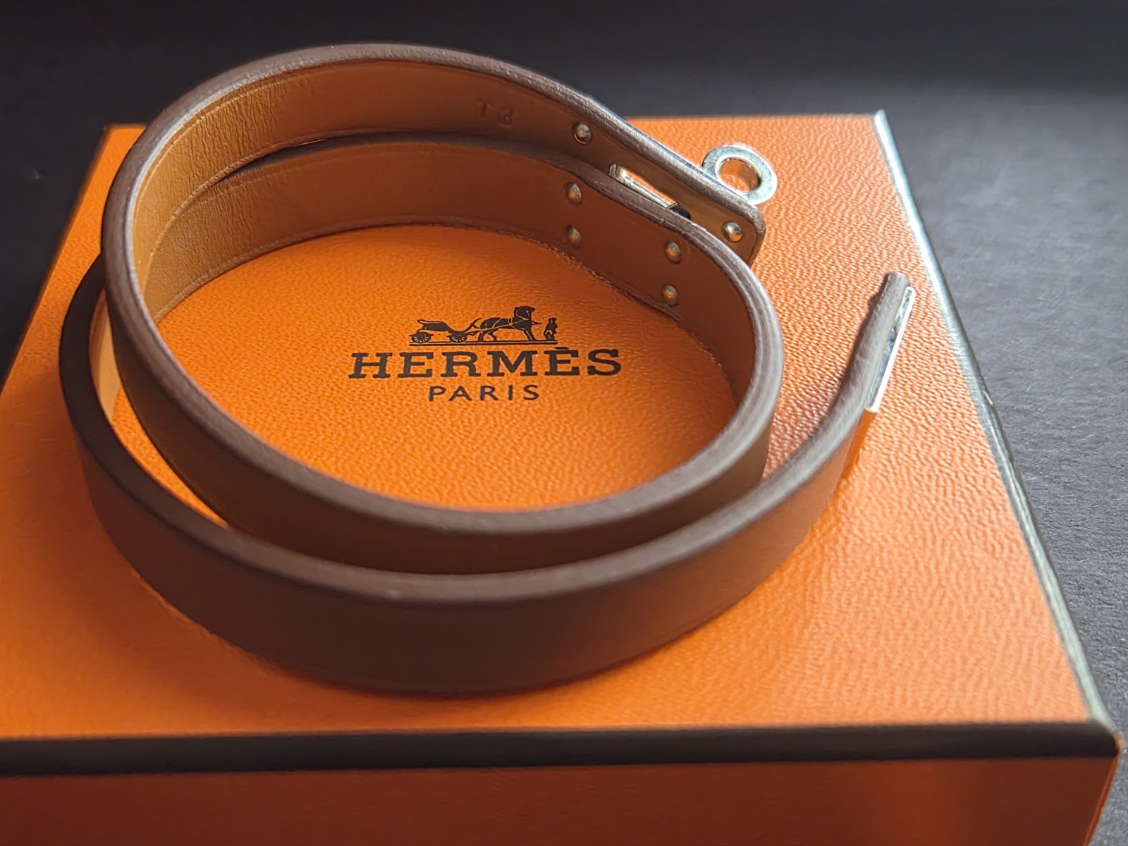 Hermes Mini Kelly Double Tour Leather Bracelet Palladium Plated Lock T3 Box
