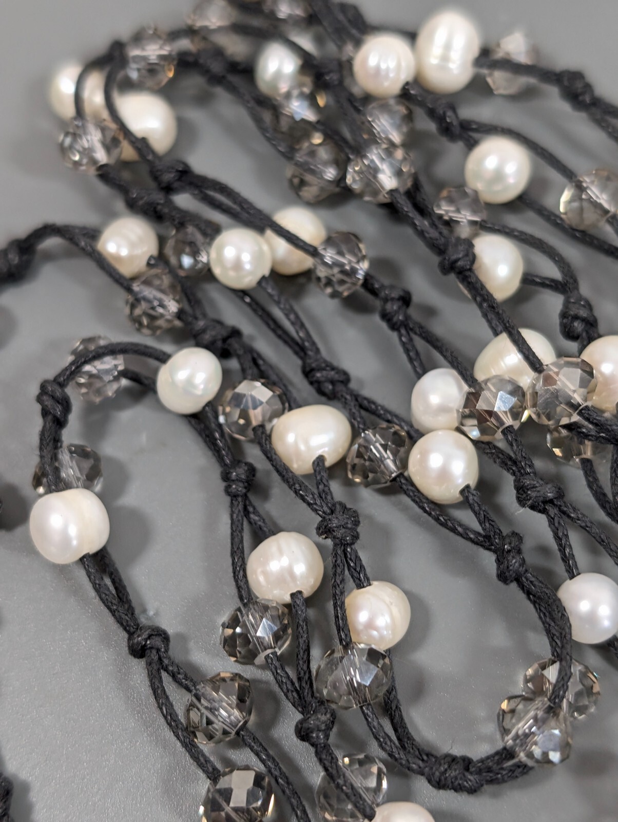 Boho BEachy Black Cord White Pearl Gray Glass Bead Layering Long Necklace 52 in