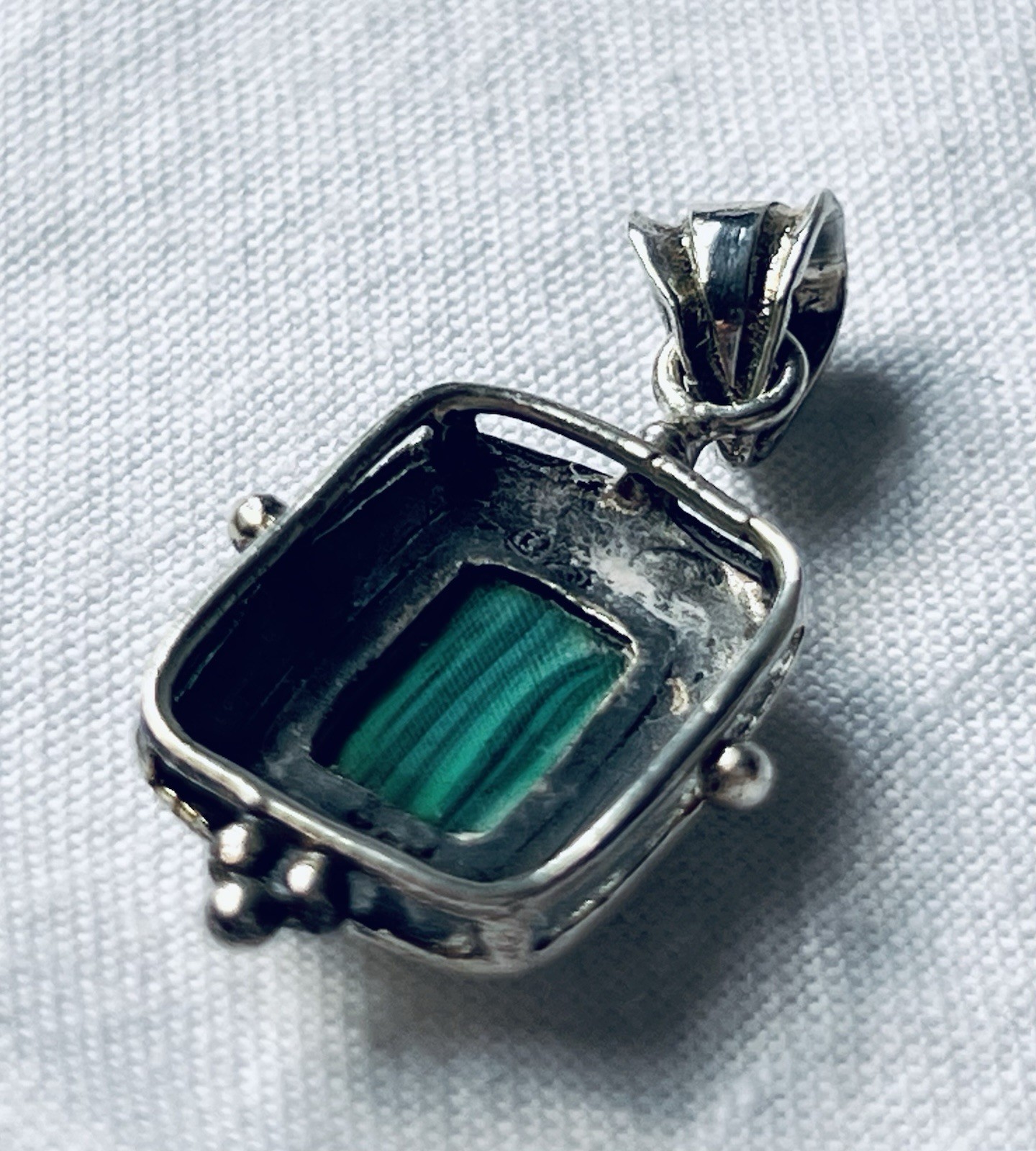 Small Silver-tone Pendant with Green Stone (Possibly Malachite?)