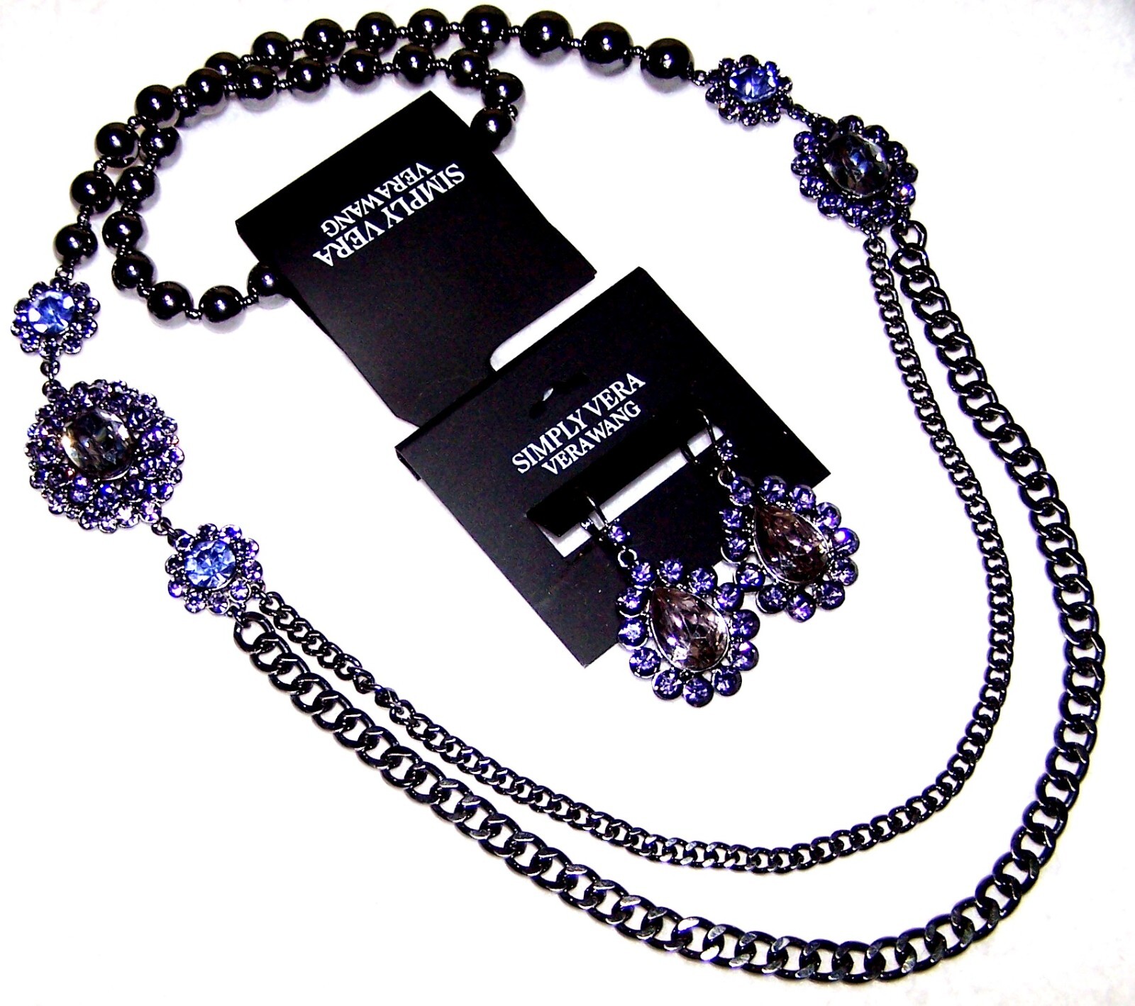New SIMPLY VERA WANG Set Long NECKLACE and Pierced EARRINGS Black Gray Lavender