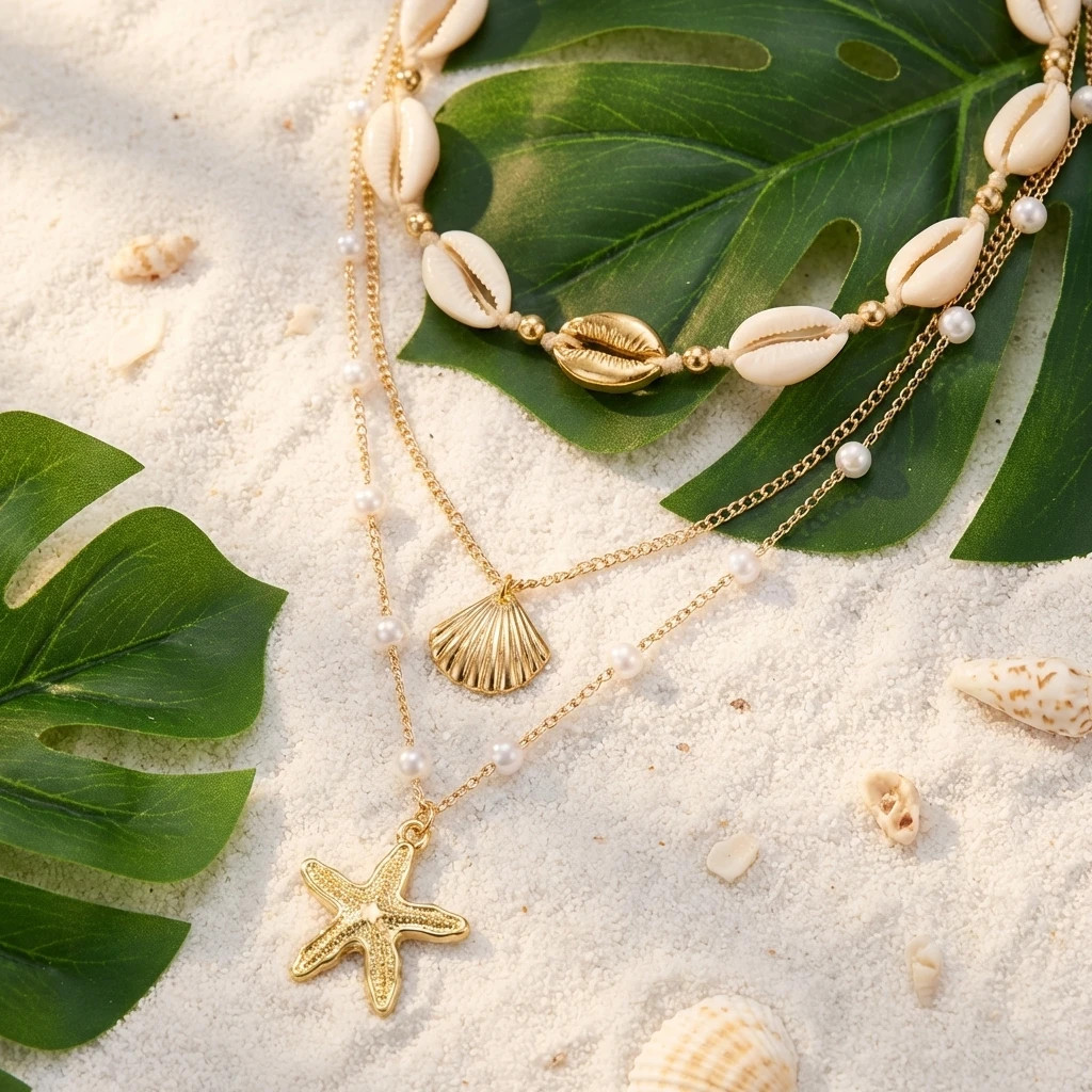 Boho Multilayer Starfish Shell Conch Pendant Necklace For Women Trendy Summer Be