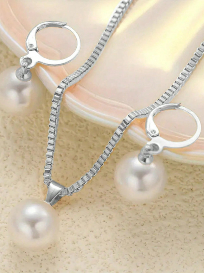 3 PCS Women Jewelry Set White Pearl İmitation Minimalist Necklace Earrings Gift