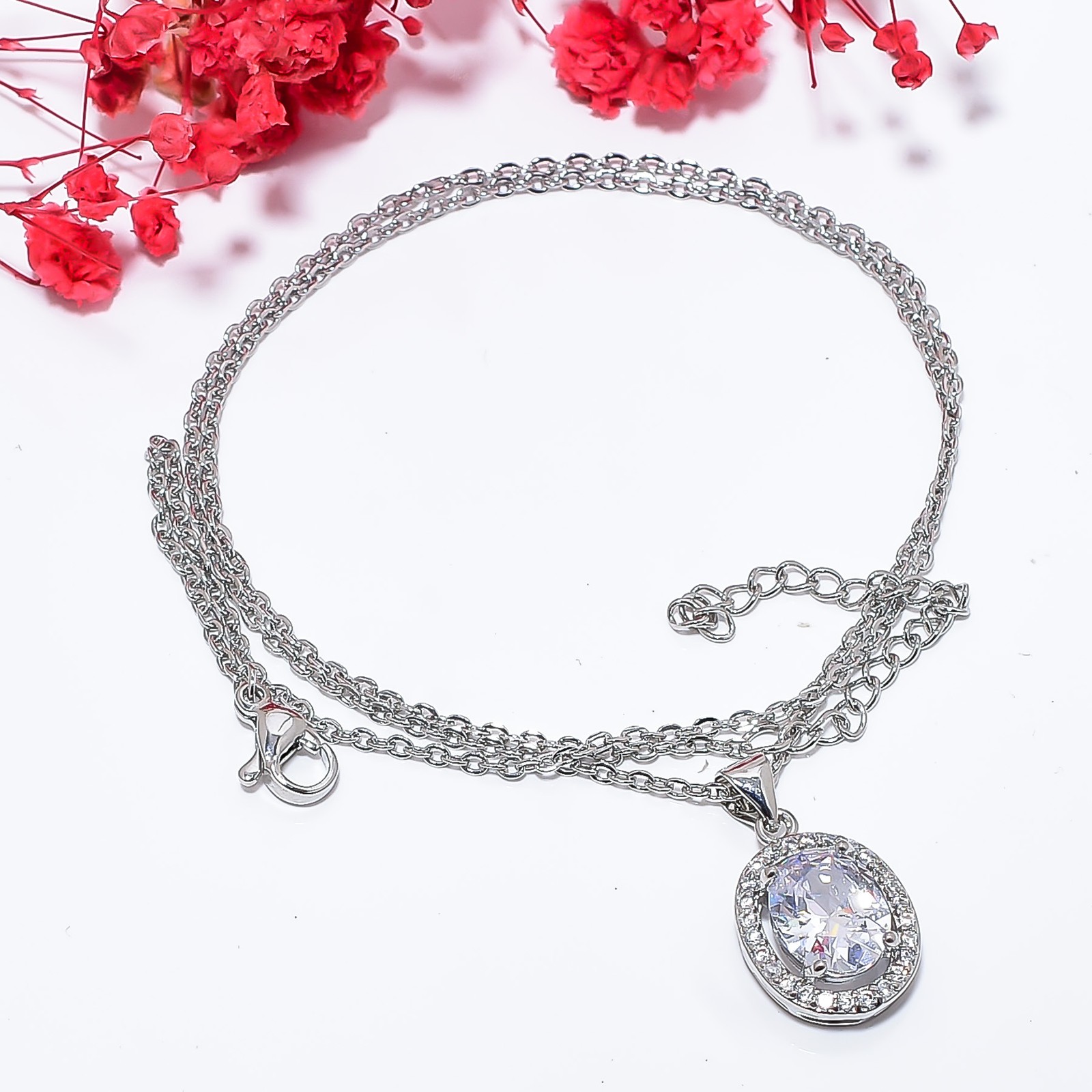 White Topaz & Cz 925 Sterling Silver Pendant With Adjustable Chain 18-20″ CP5607