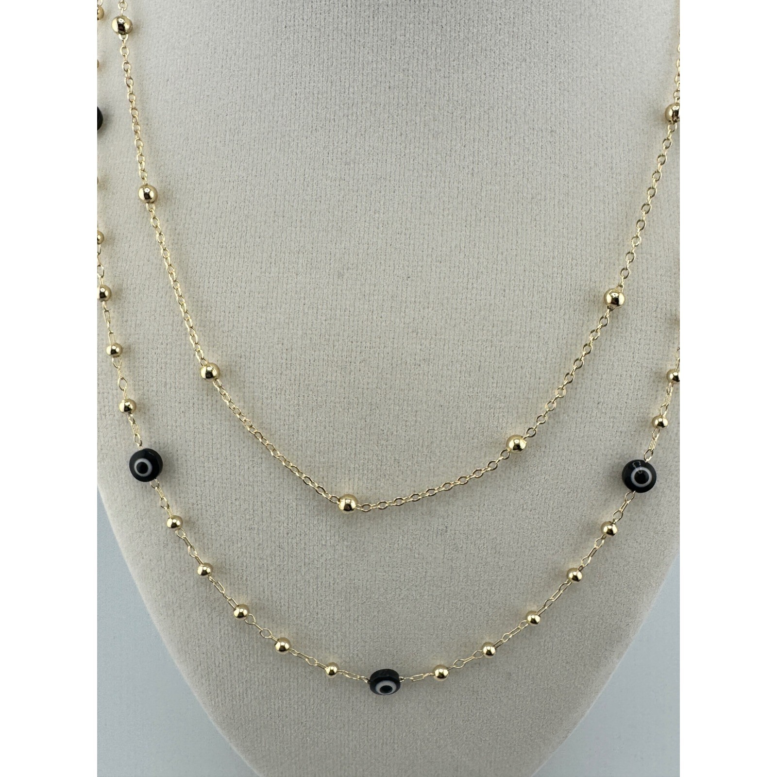 Gold Tone Double Layer Evil Eye Bead Necklace Black Accents Adjustable Clasp