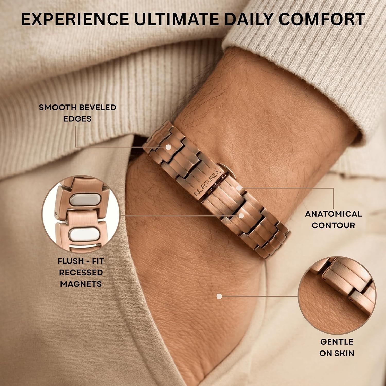 Men’s 10,000 Gauss Adjustable Copper Magnetic Bracelet with Easy Fold Over Clasp
