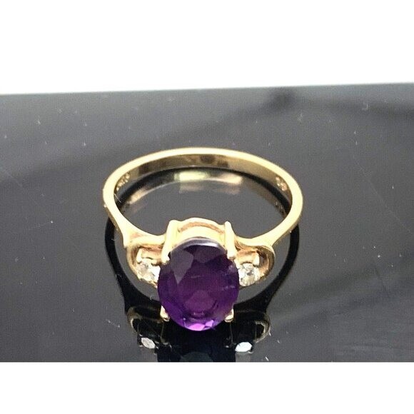 Purple Gemstone Diamond Cocktail Ring 14k Yellow Gold Women’s Estate Size 6.5