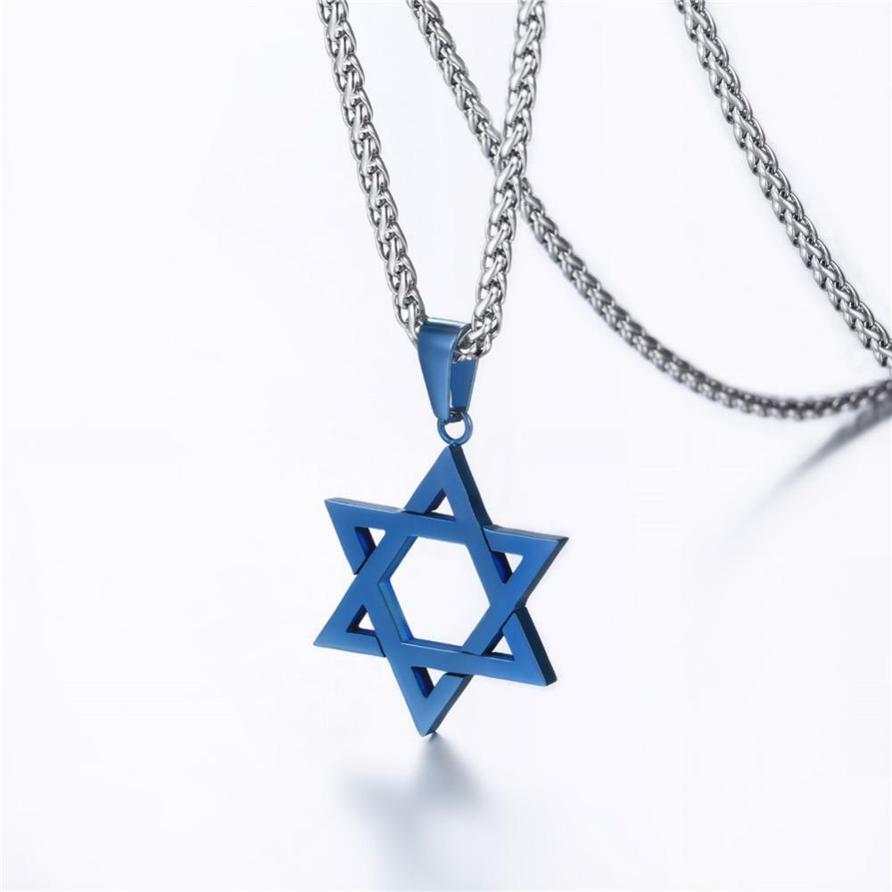 Star of David Pendant Necklace Chain christian Israel Jewish Blue Ion Plate