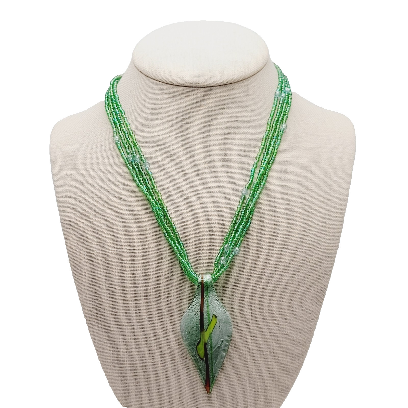 Green Art Glass Pendant Iridescent Seed Bead Multi Strand Necklace Vtg Y2K Era