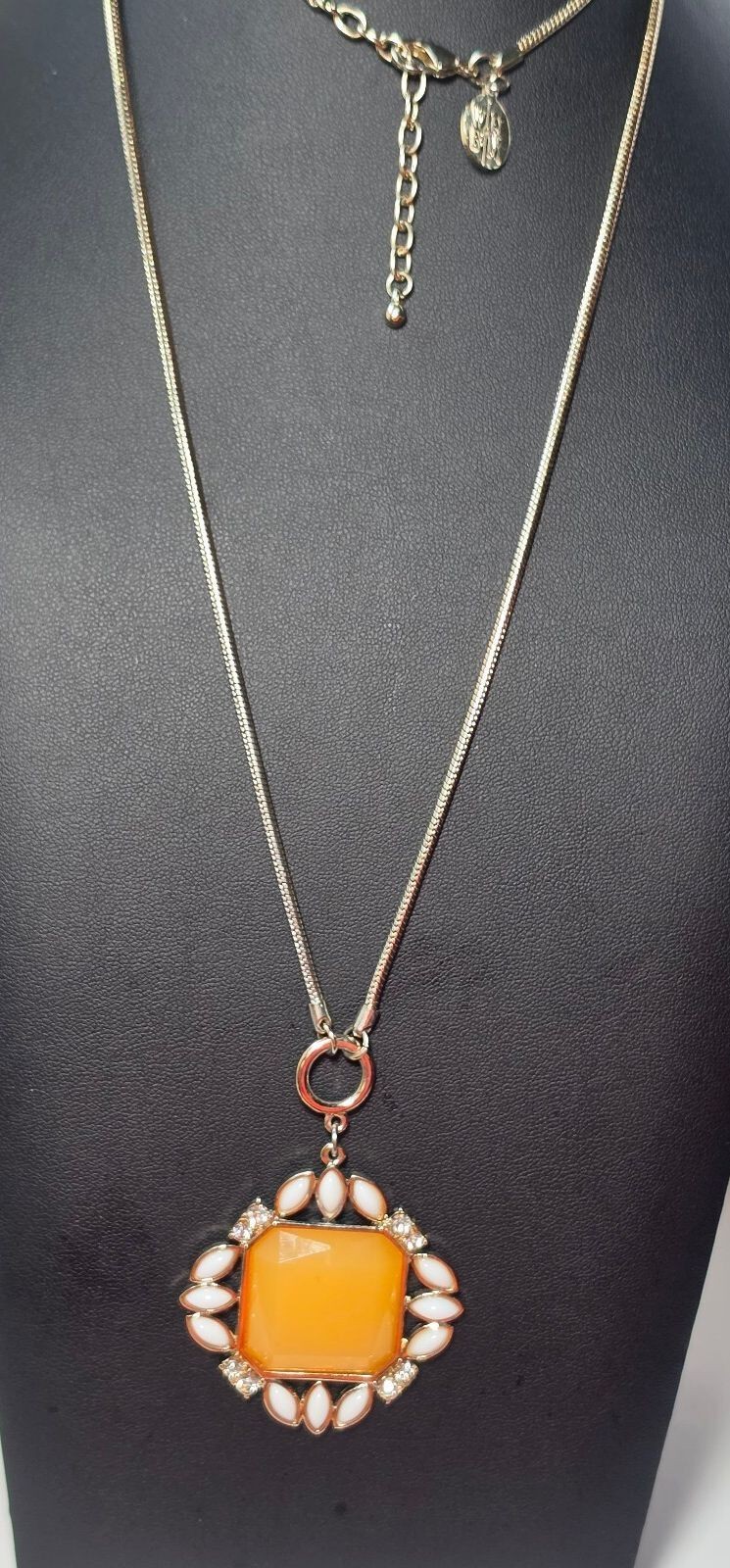 White House Black Market WHBM 32” Orange White Rhinestone Pendant Necklace