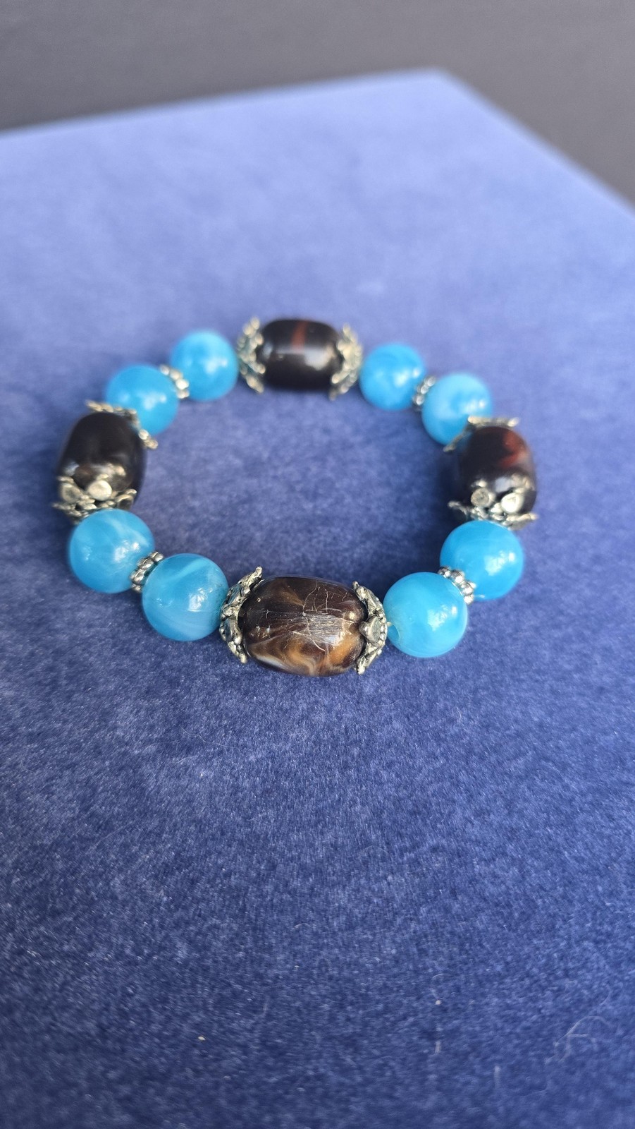 Blue Brown Beaded Stretch Bracelet Womens Silver Tone Boho Jewelry Fashion