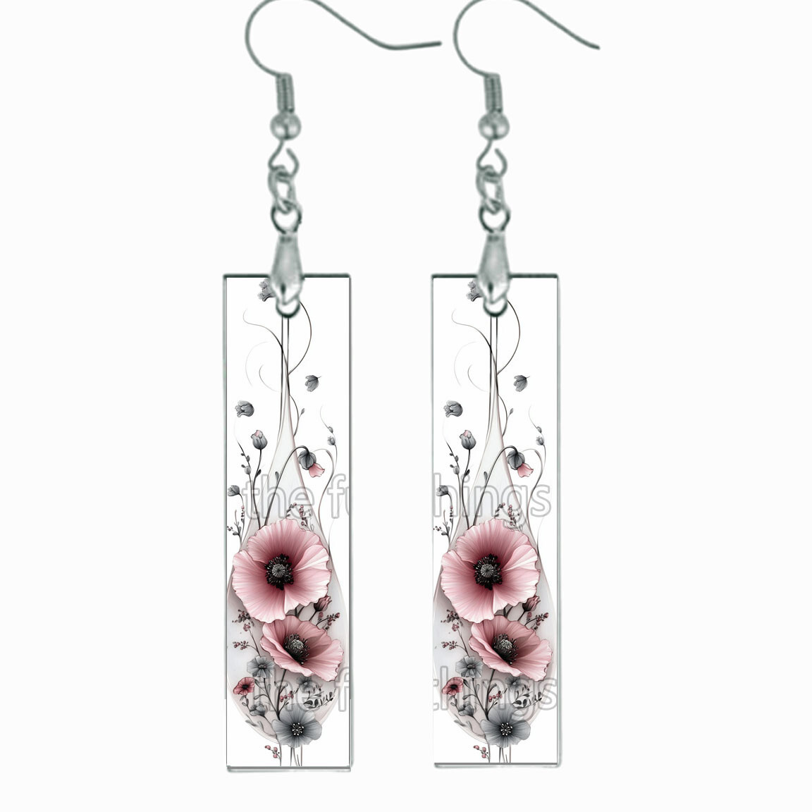 Gray Wildlowers & Pink Flower Print Earrings Bar Wood Dangle Summer Jewelry Gift