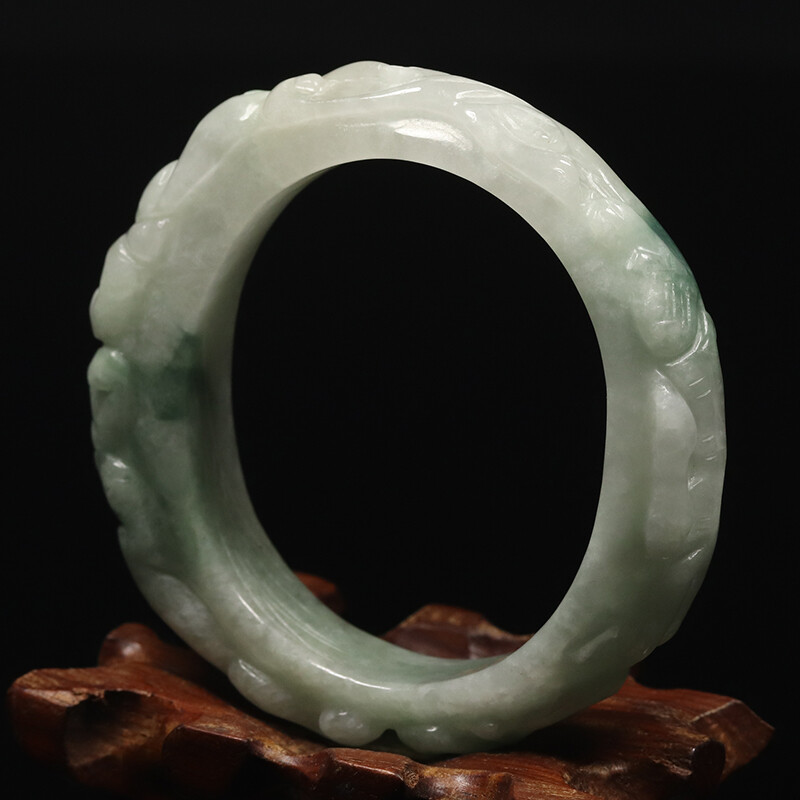 53mm White Green Jadeite Jade Bangle Bracelet Hand-carved Dragons 07709
