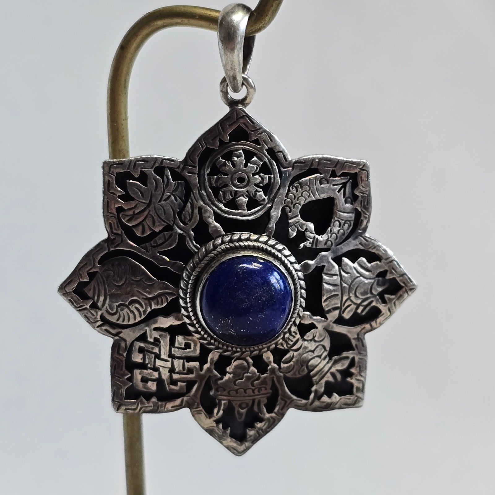 Sterling Silver Pendant 14.93g Jewelry Lapis Look Nepal Symbols Charm *READ*