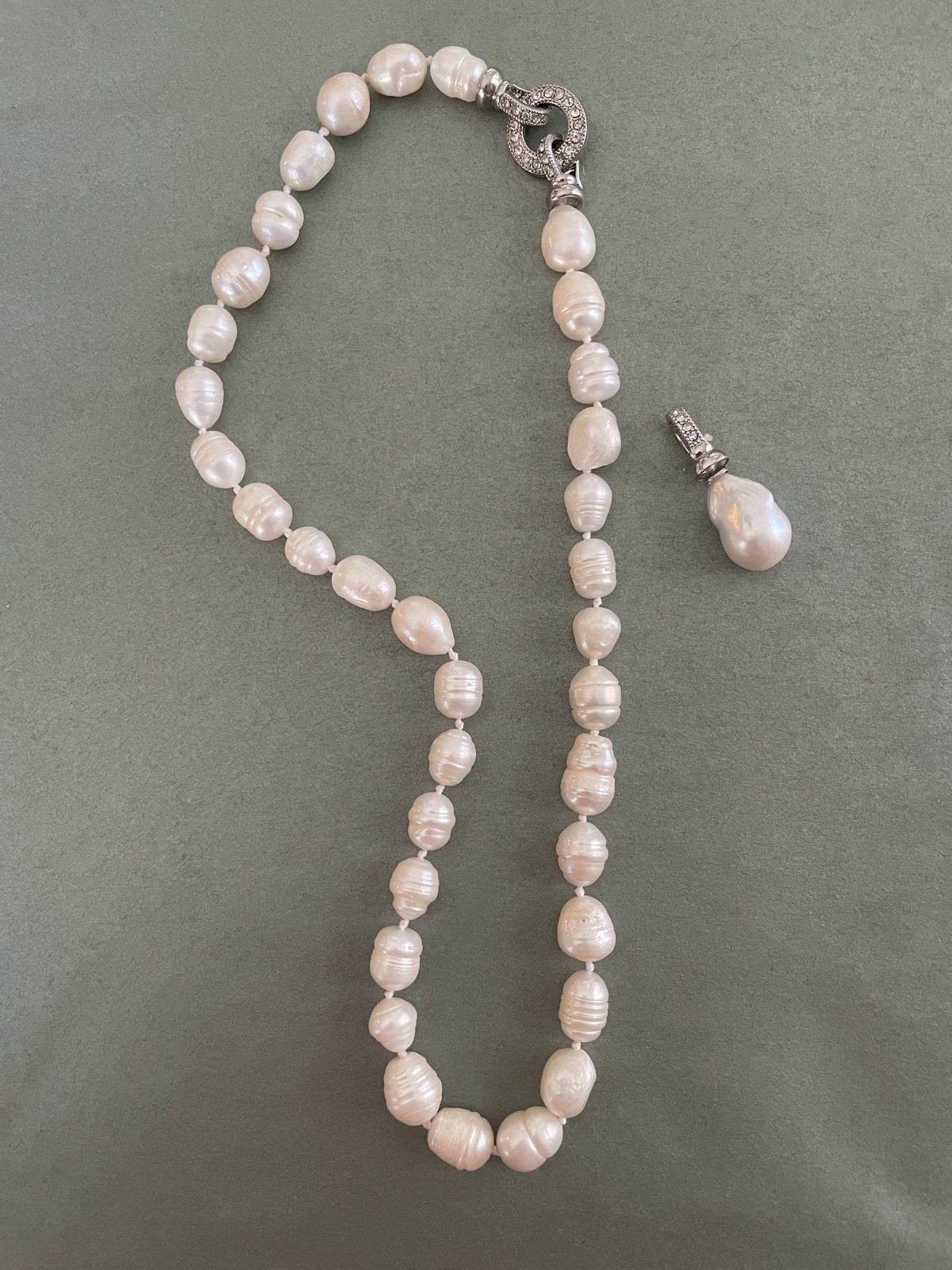Baroque White Natural Pearl Lariat Necklace Removable Clasp Teardrop Pendant