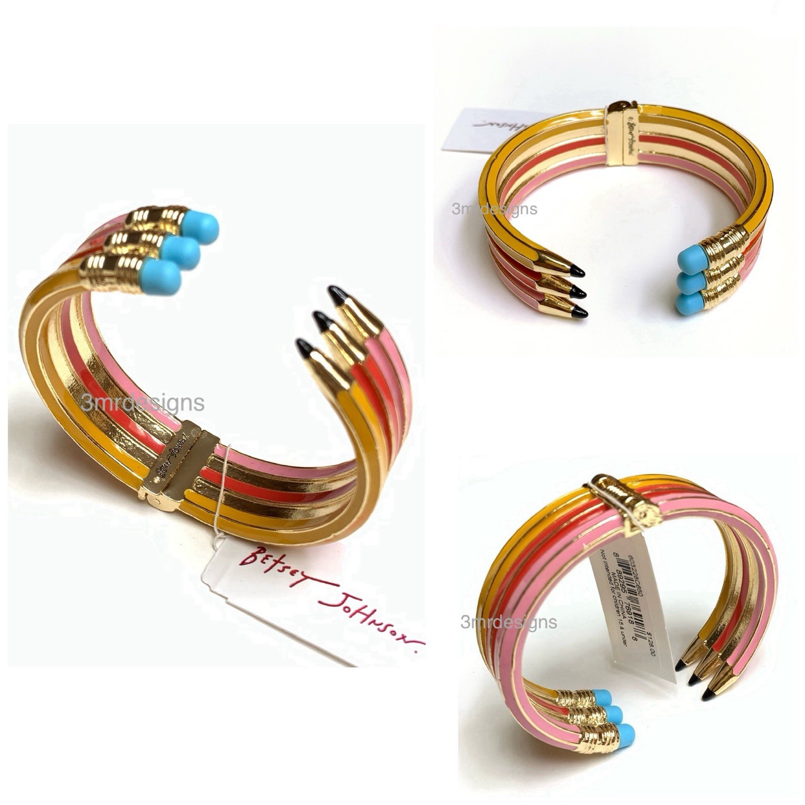 NWT Betsey Johnson TRIPLE PENCILS Gold Tone Colorful Enamel Bold Hinge Bracelet