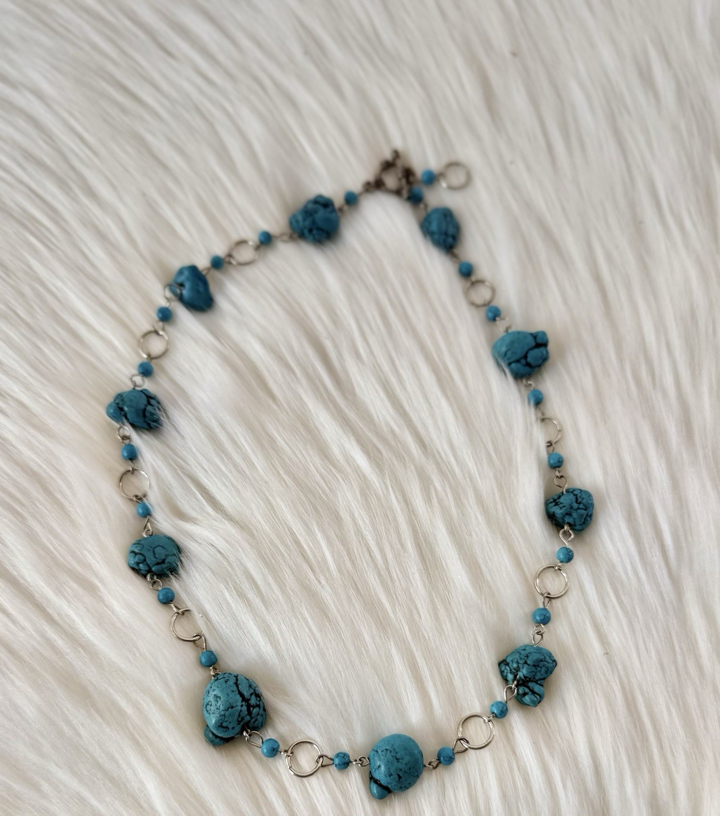 Turquoise Blue Beaded Link Chain Necklace Silver Tone Lobster Clasp 24 in