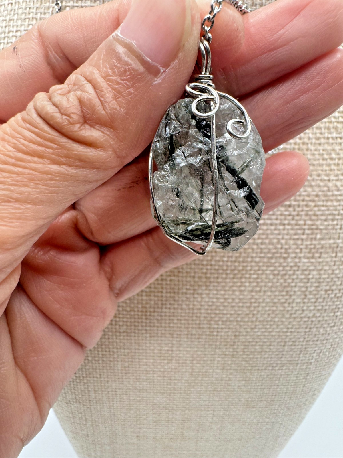 Raw Green Tourmaline in Quartz Wire Wrapped Necklace 304 Stainless Steel Chain