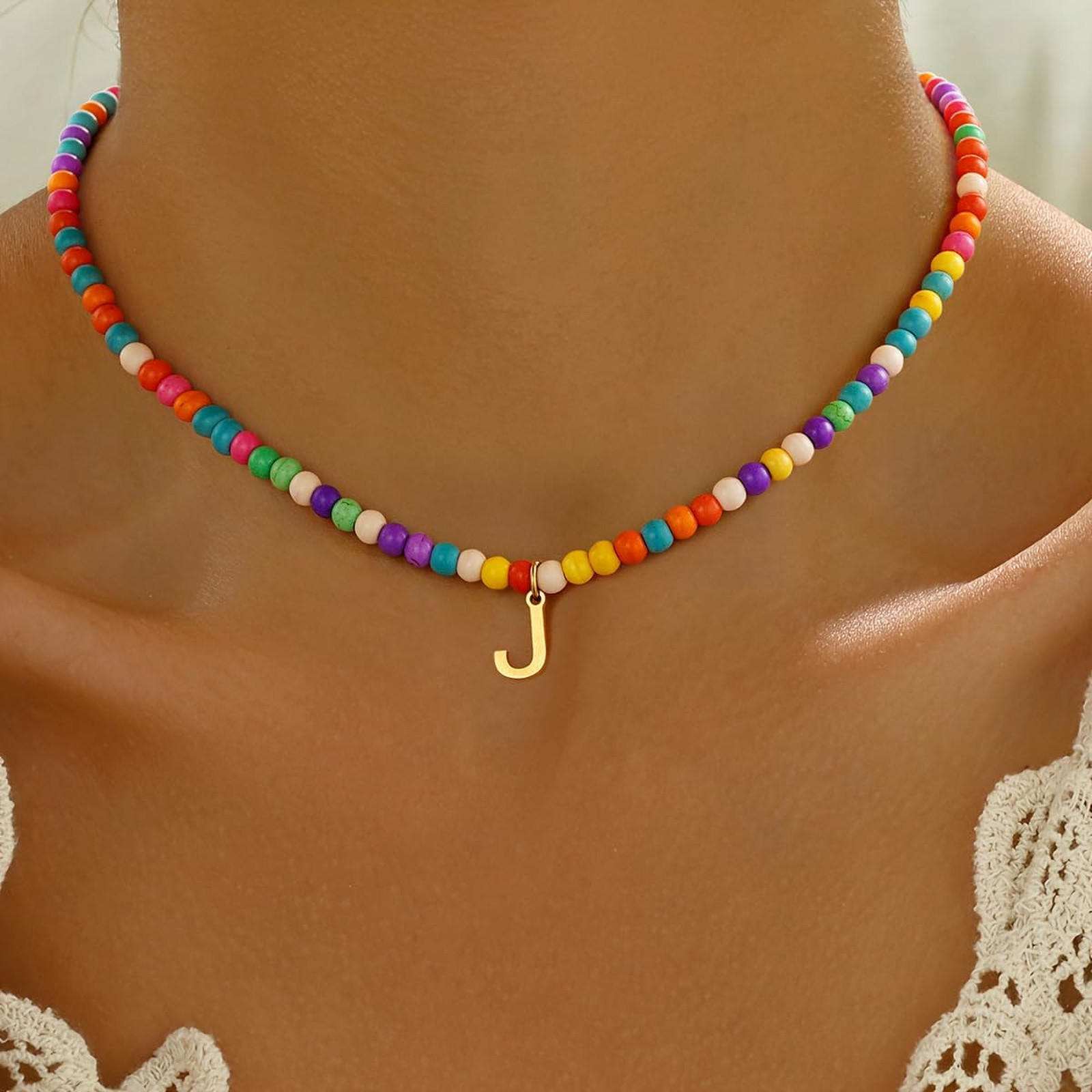 Colorful Initial Necklace for Girls Women Kids, Beaded Pendant, 16 Plus 2 Inch